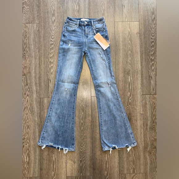 RISEN HIGH RISE DISTRESSED FLARE JEANS - Picture 7 of 8